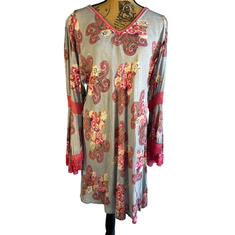 Velzera Women's 3XL Floral Paisley Tunic Dress With Lace & Fringe Long Cowgirl